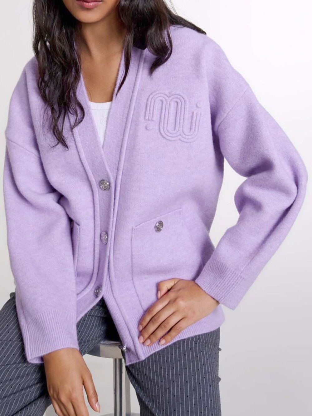 Maje Logo-Embroidered Longline Cardigan Lilac Purple V-Neck M $400 Wool Blend